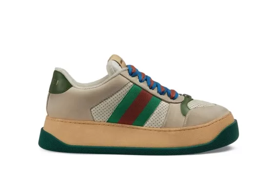 Gucci Screener Low-Top Leather Sneakers - Cream White/Dark Green/Dark Red